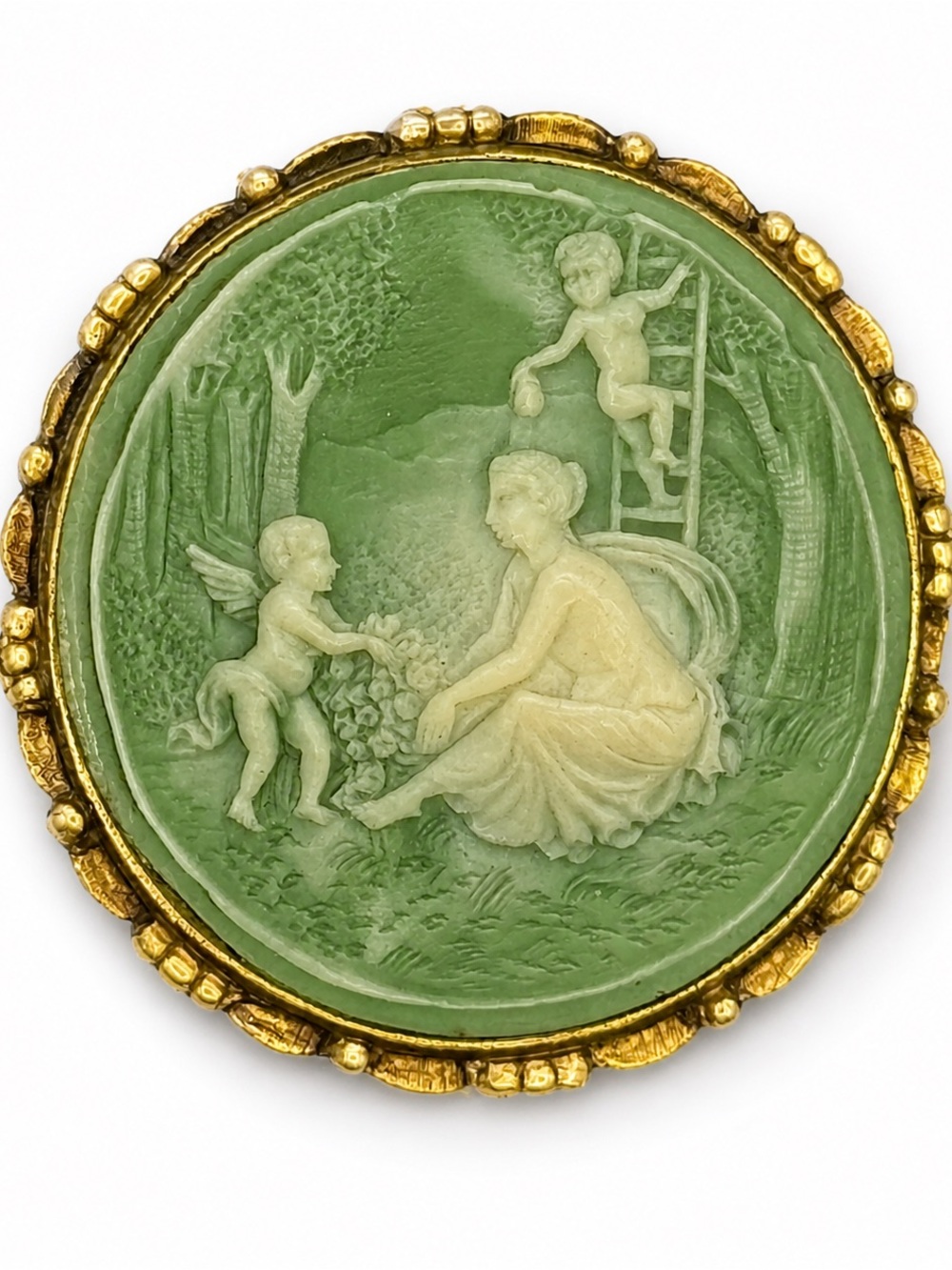 Beautiful Sage Green Round Vintage Cameo Pin | Antique Wedgewood Inspired Rare